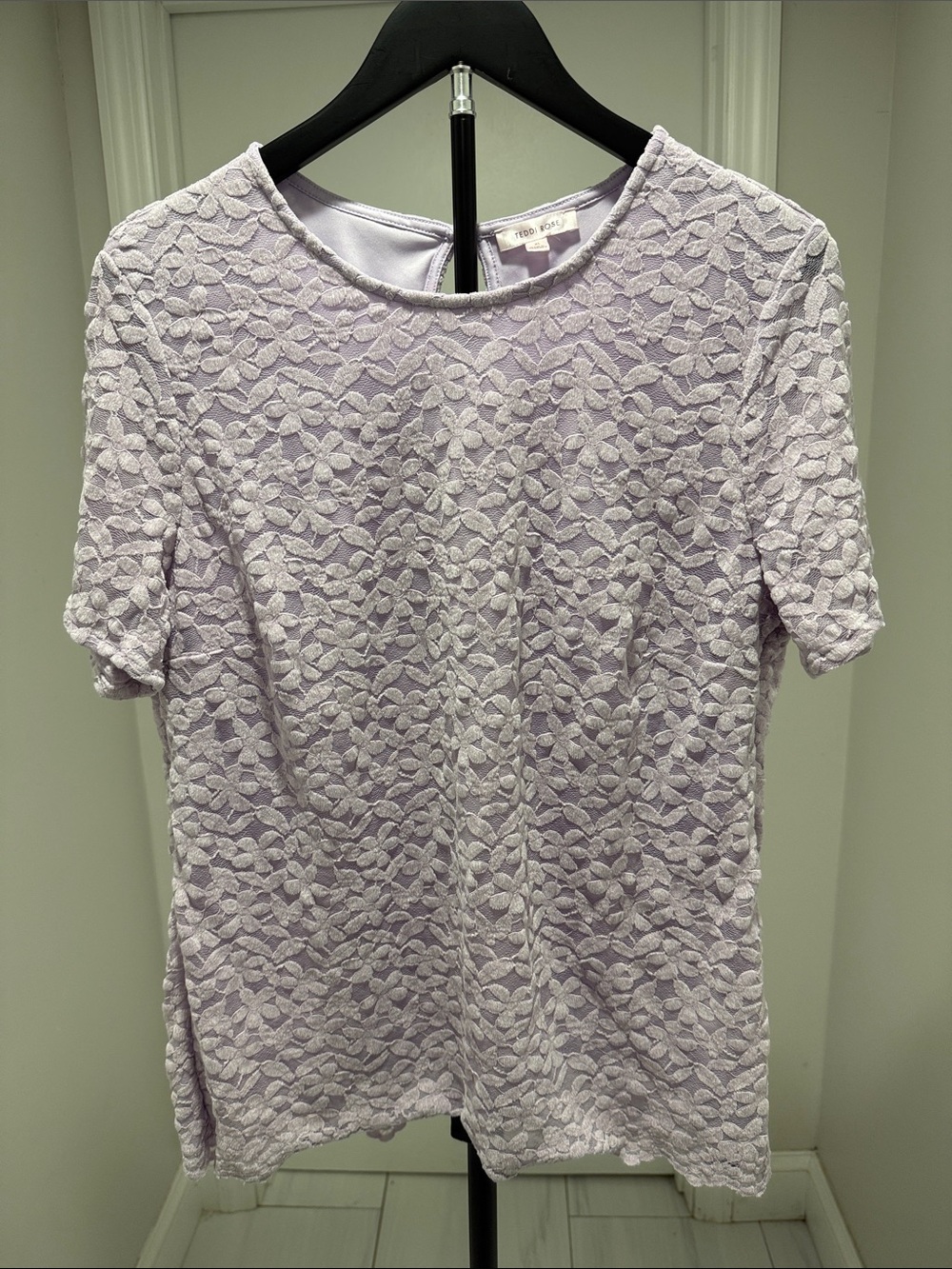 Petite Lavender Lace Short Sleeve Blouse - Elegant Floral Overlay